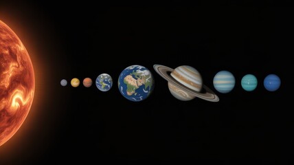 Planets of the solar system aligned with the sun in space