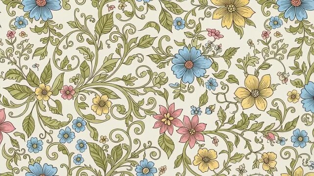 Intricate floral botanical pattern with colorful vines and blossoms on a beige background.