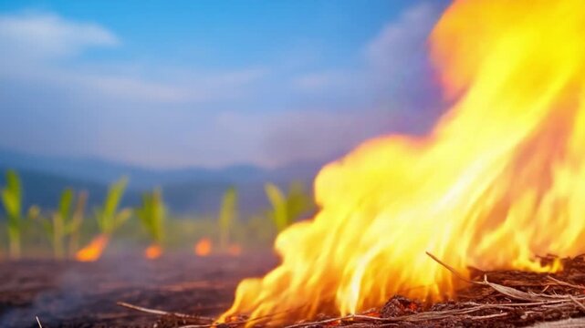 Blazing Blaze of Field Fire: A vibrant display of flames engulfs the parched field, symbolizing the destructive power of fire as it dances against the sky. 
