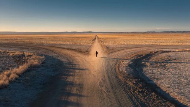 Choosing the Path: Person in the Desert Before Two Roads Leading to the Unknown