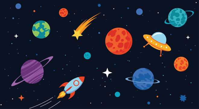 Fantastic space scene featuring a colorful array of planets moons a rocket ship a flying saucer and a streaking shooting star.