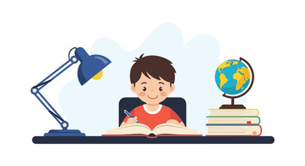 Fototapeta premium Young boy sitting at his desk studying with an open book, globe, stack of books, and a lamp overhead in a clean illustration.