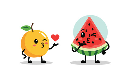 Kawaii style fruit characters featuring a blushing orange and a happy watermelon slice blowing a kiss with a red heart.