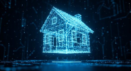 Digital Smart Home Concept with Glowing Blue Wireframe House and Network Plexus Connections