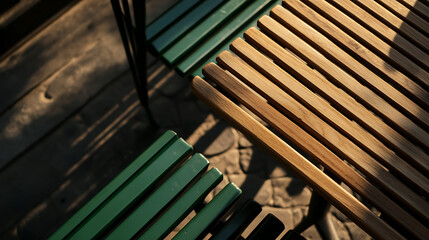 Obraz premium Captivating composition of wooden table and chair slats bathed in warm light, creating a serene and inviting outdoor scene. Simplistic and aesthetically pleasing.