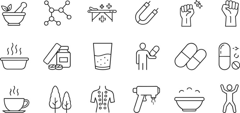 Medical and wellness outline icons set with pills treatment therapy health symbols, minimal healthcare line vector illustration