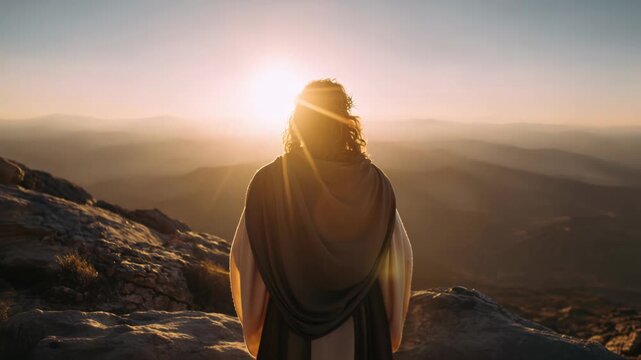Jesus stands on a mountain, facing the sunset. He wears a crown of thorns and a robe, with sunlight shining behind him. The scene captures a moment of reflection against a vast landscape.