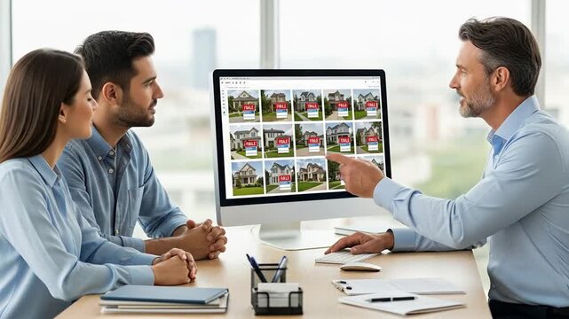 Professional team collaborates during a business meeting as a presenter shares photo thumbnails on the monitor.