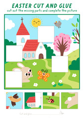 Fototapeta premium Vector cut and glue activity with Easter village landscape. Spring holiday game with bunny catching butterfly, church. Fill up scene with square sticker. Find right piece of puzzle. Complete picture