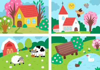 Vector Easter village horizontal landscapes set. Rural nature scenes with chapel, farm field, house with garden, pond with bench. Spring holiday background for kids with church, blooming trees, sun