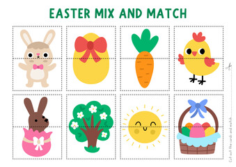Vector Easter mix and match puzzle. Matching activity for preschool kids with holiday symbols. Spring printable game with bunny, colored egg, blooming tree, carrot, chick, basket and sun