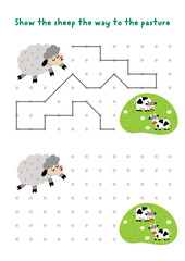 Easter village drawing, writing, tracing, space orientation activity for kids with sheep going to farm field with cows. Draw lines in box according example. Spring holiday printable game, puzzle