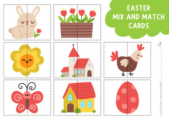 Vector Easter mix and match puzzle. Matching activity for preschool kids with holiday symbols. Spring printable game with bunny, colored egg, tulips, butterfly, hen, country house, flower, church