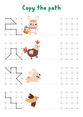 Easter drawing, writing, tracing, space orientation activity for kids with traditional characters. Draw lines in square box according example. Spring holiday printable game with bunny, hen, bird