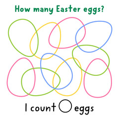 Easter tracing, counting, shape and line recognition activity with colored eggs. Spring holiday counting math puzzle with ornament contours. Find and count silhouette printable worksheet for kids