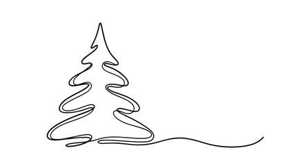 Elegant single line drawing of a Christmas tree in a minimalist style with flowing curves and a simple outline on white.