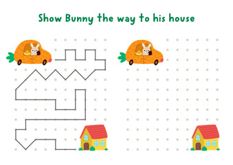 Easter village drawing, writing, tracing, space orientation activity for kids with bunny driving to house. Draw lines in box according example. Spring holiday printable game, puzzle