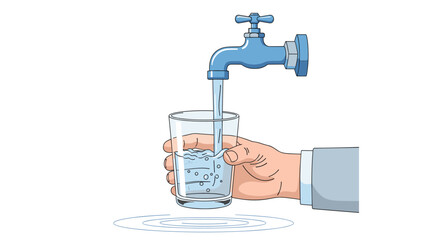 Hand holding a glass under a blue water tap with fresh clean water pouring into it against a background of concentric circles.