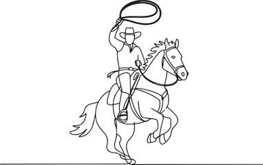 Fototapeta premium cowboy with lasso on rearing horse. Cowboy with rope lasso on horse. American cowboy riding horse and throwing.one line vector illustration with out background