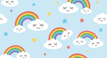 Cute seamless pattern for children with smiling clouds, colorful rainbows, and bright stars on a soft light blue background.