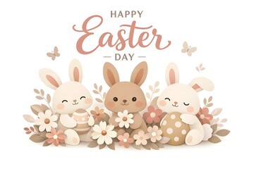 Obraz premium Easter Bunnies with Pastel Flowers Vector Illustration on White Background