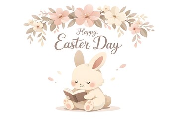 Obraz premium Easter Bunny Reading Under Pastel Flowers Vector Illustration on White Background