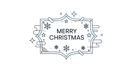 Decorative Merry Christmas sign inside a vintage frame with snowflakes, stars, and abstract shapes on a white background.
