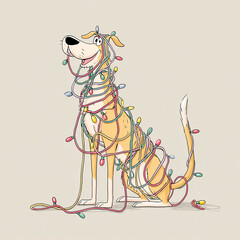 Dog plays with festive lights and gets tangled in colorful strands while being cheerful at home during holiday season