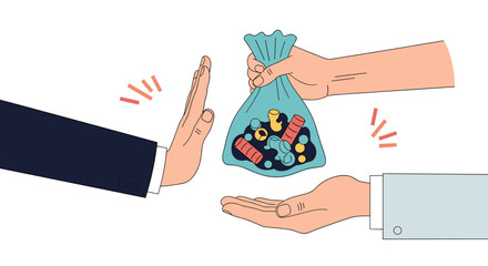Business professional refusing a bribe or illegal payment offered in a blue bag representing ethical conduct and honesty at work.