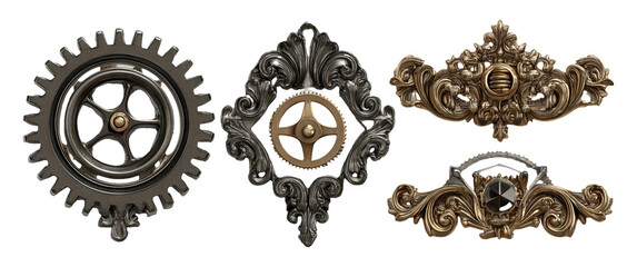 Industrial Engineering Elements Featuring Ornamental Gear and Decorative Designs