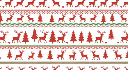 Festive red and green nordic christmas pattern featuring silhouettes of reindeer and pine trees for seasonal holiday decorations.
