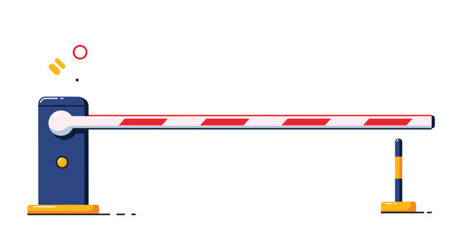 Automated security parking barrier or boom gate shown in a closed position with red and white stripes for vehicle access control.