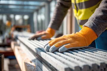 Construction worker in safety gloves handling materials on a sunny construction site