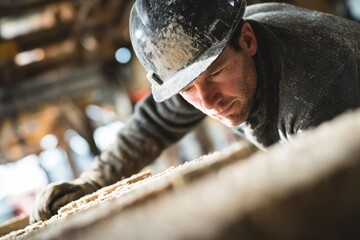 Focused construction worker inspecting wood in workshop wearing safety helmet