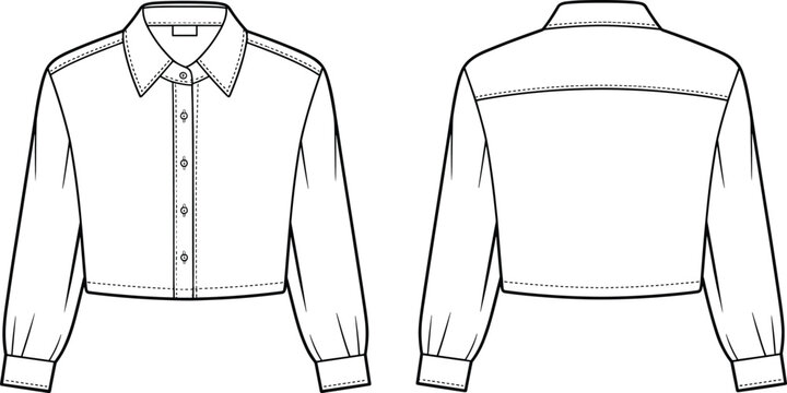 Women's cropped long sleeve button down shirt technical fashion sketch, front and back view, cad drawing flat vector illustration template