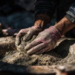Construction worker shaping concrete mix in a job site with hands covered in dust and grime