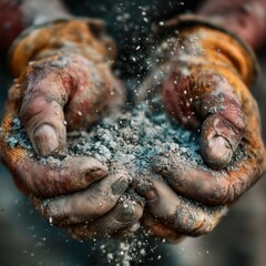 Laborer's hands holding dry cement with dust particles flying in the air at a construction site