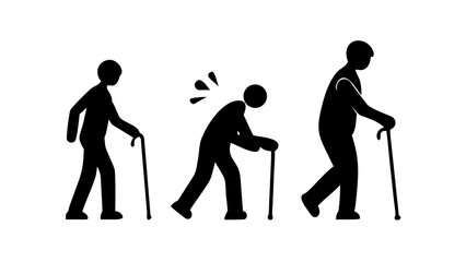 Silhouette of an elderly person walking carefully with a cane, mobility support and healthy aging wellness concept.
