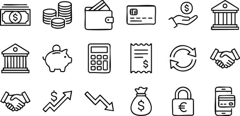 Comprehensive collection of financial line icons illustrating various aspects of banking, money management, transactions, and economic concepts, ideal for business and personal finance applications