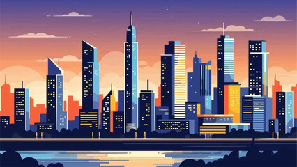 Modern City Skyline at Sunset with Tall Buildings.