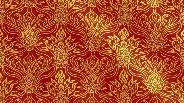 Intricate red and gold damask pattern seamless texture suitable for wallpaper, fabric, and d&eacute;cor designs.