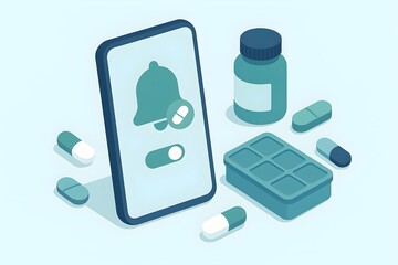 Isometric smartphone showing a medication reminder beside a pill bottle, weekly organizer, and assorted capsules. Concept of adherence, mHealth app, dosage schedule, patient care.