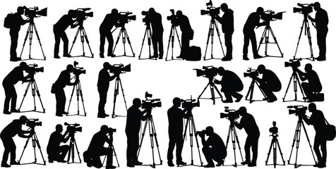 PrintVideographer silhouette collection illustration, camera operator filming vector, tripod shooting design outline icon, professional recording sketch graphic, cinematic production lifestyle art © Creatives World