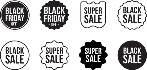 Black Friday and Super Sale badges set round discount labels isolated on white background