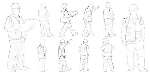 Line art illustration of construction workers in various poses and perspectives