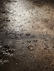 Close-up of water droplets on textured wet concrete surface with natural light