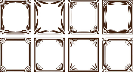 Eight ornate brown floral frames on white background