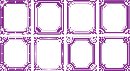 Eight ornate purple decorative frames with floral patterns on white background