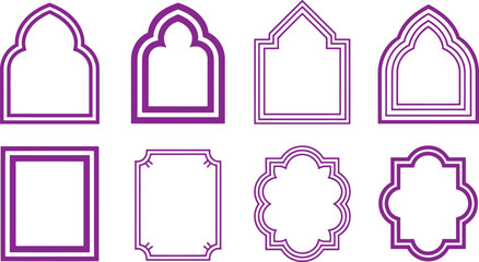 Eight Purple Window Frame Outlines with Various Architectural Styles