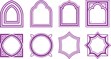 Purple geometric window and door frame outlines in various architectural styles